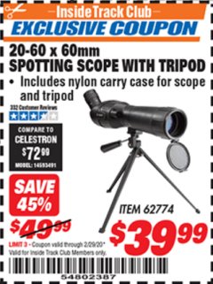 Harbor Freight ITC Coupon 20-60 X 60 MM SPOTTING SCOPE WITH TRIPOD Lot No. 62774 Expired: 2/29/20 - $39.99