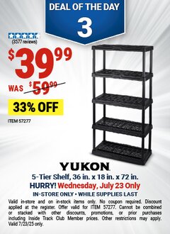 Harbor Freight Coupon YUKON 5-TIER SHELF, 36 IN. X 18 IN. X 72 IN. Lot No. 57277 Expired: 7/23/25 - $39.99