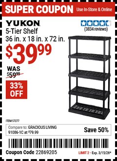 Harbor Freight Coupon YUKON 5-TIER SHELF, 36 IN. X 18 IN. X 72 IN. Lot No. 57277 Expired: 3/15/26 - $39.99
