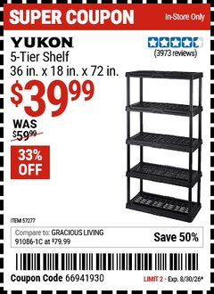Harbor Freight Coupon YUKON 5-TIER SHELF, 36 IN. X 18 IN. X 72 IN. Lot No. 57277 Valid Thru: 8/30/26 - $39.99