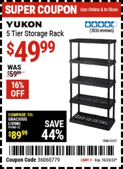 Harbor Freight Coupon YUKON 5-TIER SHELF, 36 IN. X 18 IN. X 72 IN. Lot No. 57277 Expired: 10/23/22 - $49.99