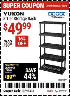 Harbor Freight Coupon YUKON 5-TIER SHELF, 36 IN. X 18 IN. X 72 IN. Lot No. 57277 Expired: 1/22/23 - $49.99