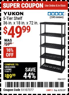 Harbor Freight Coupon YUKON 5-TIER SHELF, 36 IN. X 18 IN. X 72 IN. Lot No. 57277 Expired: 6/25/23 - $49.99