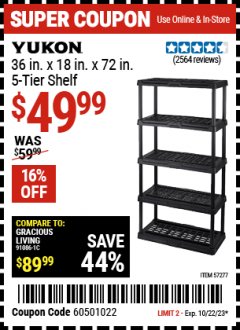 Harbor Freight Coupon YUKON 5-TIER SHELF, 36 IN. X 18 IN. X 72 IN. Lot No. 57277 Expired: 10/22/23 - $49.99