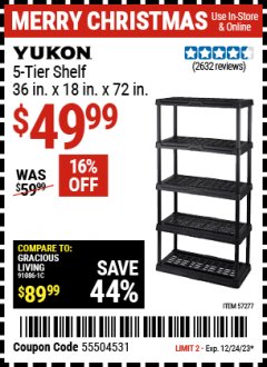 Harbor Freight Coupon YUKON 5-TIER SHELF, 36 IN. X 18 IN. X 72 IN. Lot No. 57277 Expired: 12/24/23 - $49.99