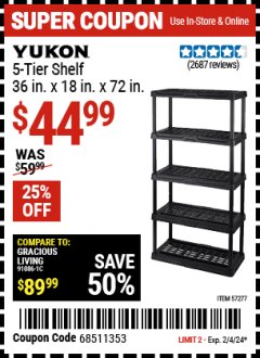Harbor Freight Coupon YUKON 5-TIER SHELF, 36 IN. X 18 IN. X 72 IN. Lot No. 57277 Expired: 2/4/24 - $44.99