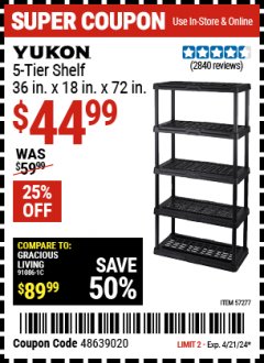 Harbor Freight Coupon YUKON 5-TIER SHELF, 36 IN. X 18 IN. X 72 IN. Lot No. 57277 Expired: 4/21/24 - $44.99