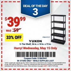 Harbor Freight Coupon YUKON 5-TIER SHELF, 36 IN. X 18 IN. X 72 IN. Lot No. 57277 Expired: 5/15/24 - $39.99
