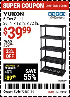 Harbor Freight Coupon YUKON 5-TIER SHELF, 36 IN. X 18 IN. X 72 IN. Lot No. 57277 Expired: 8/4/24 - $39.99