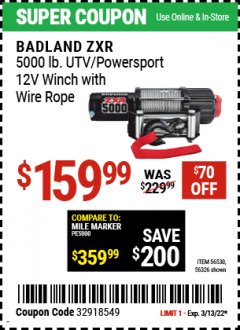 Harbor Freight Coupon BADLAND ZXR 5000 LB. UTV/POWERSPORT 12V WINCH WITH WIRE ROPE Lot No. 56630 Expired: 3/13/22 - $159.99