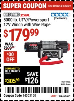 Harbor Freight Coupon BADLAND ZXR 5000 LB. UTV/POWERSPORT 12V WINCH WITH WIRE ROPE Lot No. 56630 Expired: 2/5/23 - $179.99