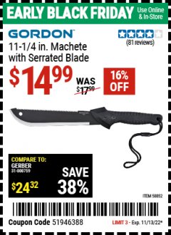 Harbor Freight Coupon GORDON 11-1/4 IN. MACHETE WITH SERRATED BLADE Lot No. 58852 Expired: 11/13/22 - $14.99