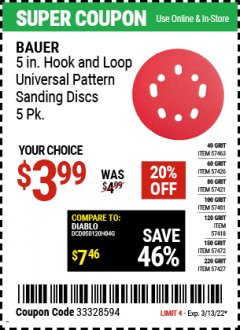 Harbor Freight Coupon 40 GRIT Lot No. 57463 Expired: 3/13/22 - $3.99