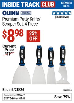 Harbor Freight Coupon QUINN PREMIUM PUTTY KNIFE/SCRAPER SET, 4-PIECE Lot No. 57215 Valid: 12/31/69 - 5/28/26 - $8.98