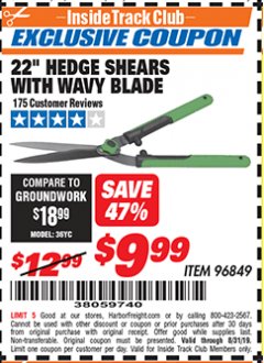Harbor Freight ITC Coupon ONE STOP GARDENS 22 IN. HEDGE SHEARS WITH WAVY BLADE Lot No. 96849 Expired: 8/31/19 - $9.99
