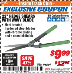 Harbor Freight ITC Coupon 22" HEDGE SHEARS WITH WAVY BLADE Lot No. 96849 Expired: 3/31/20 - $9.99