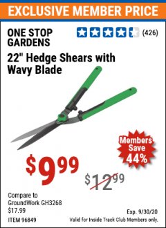 Harbor Freight ITC Coupon 22" HEDGE SHEARS WITH WAVY BLADE Lot No. 96849 Expired: 9/30/20 - $9.99