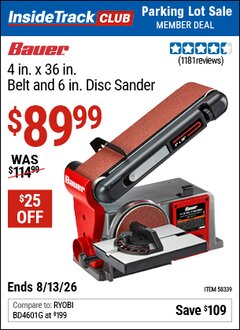 Harbor Freight ITC Coupon BAUER 4 IN. X 36 IN. BELT AND 6 IN. DISC SANDER Lot No. 58339 Valid Thru: 8/13/26 - $89.99
