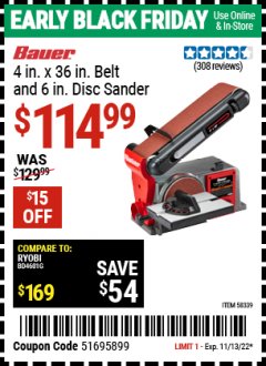 Harbor Freight Coupon BAUER 4 IN. X 36 IN. BELT AND 6 IN. DISC SANDER Lot No. 58339 Expired: 1/13/22 - $114.99