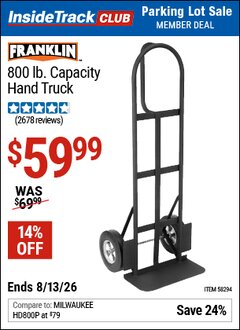 Harbor Freight Coupon FRANKLIN 800 LB. CAPACITY HAND TRUCK Lot No. 58294 Valid: 12/31/69 - 8/13/26 - $59.99