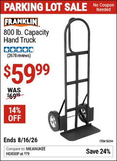 Harbor Freight Coupon FRANKLIN 800 LB. CAPACITY HAND TRUCK Lot No. 58294 EXPIRES: 8/16/26 - $59.99