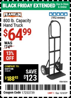 Harbor Freight Coupon HAUL-MASTER 800 LB CAPACITY HAND TRUCK Lot No. 58294 64815 Expired: 12/3/23 - $64.99