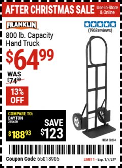 Harbor Freight Coupon HAUL-MASTER 800 LB CAPACITY HAND TRUCK Lot No. 58294 64815 Expired: 1/7/24 - $64.99