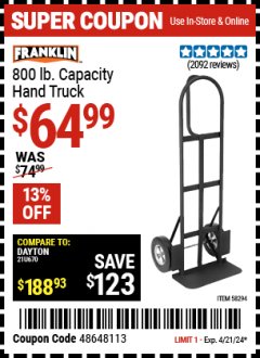 Harbor Freight Coupon HAUL-MASTER 800 LB CAPACITY HAND TRUCK Lot No. 58294 64815 Expired: 4/21/24 - $64.99