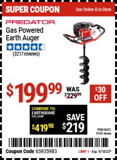 Harbor Freight Coupon PREDATOR GAS POWERED EARTH AUGER Lot No. 56257,57341 Expired: 9/18/22 - $199.99