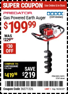Harbor Freight Coupon PREDATOR GAS POWERED EARTH AUGER Lot No. 56257,57341 Expired: 10/23/22 - $199.99