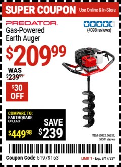 Harbor Freight Coupon PREDATOR GAS POWERED EARTH AUGER Lot No. 56257,57341 Expired: 9/17/23 - $209.99