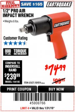 Harbor Freight Coupon 1/2" INDUSTRIAL QUALITY SUPER HIGH TORQUE IMPACT WRENCH Lot No. 62627/68424 Expired: 1/31/19 - $74.99