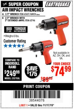 Harbor Freight Coupon 1/2" INDUSTRIAL QUALITY SUPER HIGH TORQUE IMPACT WRENCH Lot No. 62627/68424 Expired: 11/17/19 - $74.99