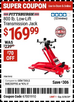 Harbor Freight Coupon PITTSBURGH 800 LB. LOW-LIFT TRANSMISSION JACK Lot No. 60234/69685 Valid Thru: 8/30/26 - $169.99
