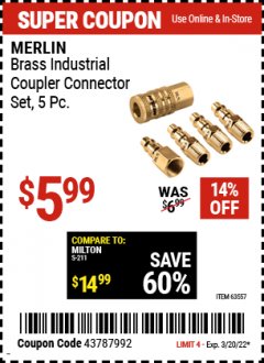 Harbor Freight Coupon MERLIN BRASS INDUSTRIAL COUPLER CONNECTOR SET, 5PC. Lot No. 63557 Expired: 3/20/22 - $5.99
