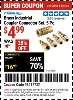 Harbor Freight Coupon MERLIN BRASS INDUSTRIAL COUPLER CONNECTOR SET, 5PC. Lot No. 63557 Expired: 6/5/22 - $4.99