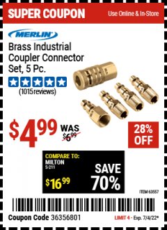Harbor Freight Coupon MERLIN BRASS INDUSTRIAL COUPLER CONNECTOR SET, 5PC. Lot No. 63557 Expired: 7/4/22 - $4.99
