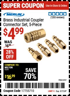 Harbor Freight Coupon MERLIN BRASS INDUSTRIAL COUPLER CONNECTOR SET, 5PC. Lot No. 63557 Expired: 3/7/24 - $4.99
