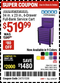 Harbor Freight Coupon U.S. GENERAL 34 IN. , 6-DRAWER FULL-BANK SERVICE CART Lot No. 57517/58071/58072/58073/58743/58744/59853/59854/70697 Expired: 4/28/24 - $519.99