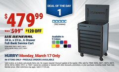 Harbor Freight Coupon U.S. GENERAL 34 IN. , 6-DRAWER FULL-BANK SERVICE CART Lot No. 57517/58071/58072/58073/58743/58744/59853/59854/70697 Expired: 3/17/25 - $479.99
