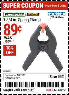 Harbor Freight Coupon PITTSBURGH 1-3/4 IN. SPRING CLAMP Lot No. 69291 Expired: 7/19/26 - $0.89