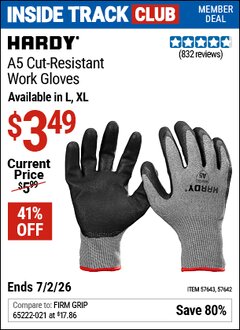 Harbor Freight Coupon HARDY A5 CUT-RESISTANT WORK GLOVES Lot No. 57643/57642 Valid: 12/31/69 - 7/2/26 - $3.49