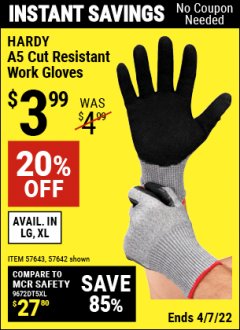 Harbor Freight Coupon HARDY A5 CUT-RESISTANT WORK GLOVES Lot No. 57643/57642 Expired: 4/7/22 - $3.99