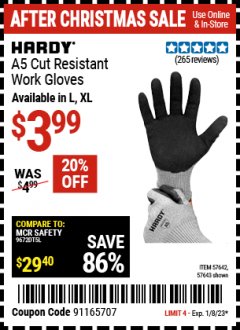Harbor Freight Coupon HARDY A5 CUT-RESISTANT WORK GLOVES Lot No. 57643/57642 Expired: 1/8/23 - $3.99