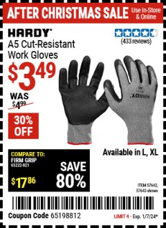 Harbor Freight Coupon HARDY A5 CUT-RESISTANT WORK GLOVES Lot No. 57643/57642 Expired: 1/7/24 - $3.4