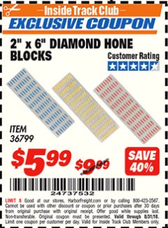 Harbor Freight ITC Coupon 3 PIECE 2" x 6" DIAMOND HONE BLOCKS Lot No. 36799 Expired: 8/31/18 - $5.99