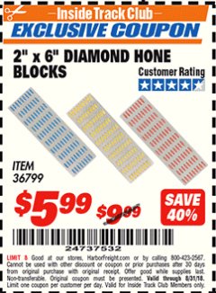 Harbor Freight ITC Coupon 3 PIECE 2" x 6" DIAMOND HONE BLOCKS Lot No. 36799 Expired: 8/31/18 - $5.99