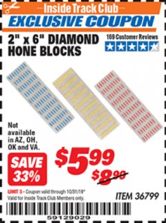 Harbor Freight ITC Coupon 3 PIECE 2" x 6" DIAMOND HONE BLOCKS Lot No. 36799 Expired: 10/31/19 - $5.99