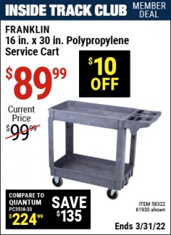 Harbor Freight ITC Coupon FRANKLIN 30 IN. X 16 IN., 2-SHELF UTILITY CART Lot No. 58322/73117 Expired: 3/31/22 - $89.99