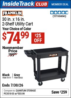 Harbor Freight ITC Coupon FRANKLIN 30 IN. X 16 IN., 2-SHELF UTILITY CART Lot No. 58322/73117 Valid Thru: 7/30/26 - $74.99
